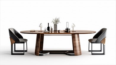 An elegantly set luxury dining table with modern chairs and dark wood tones, AI generated