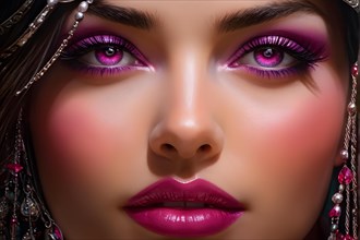 Close up fashion portrait with magenta lips and eyes, AI generated
