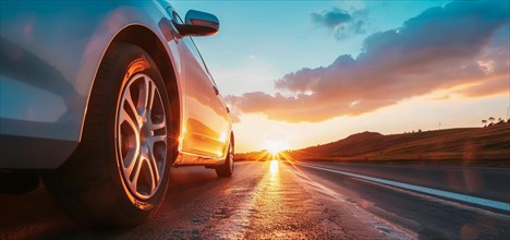 Low angle view of a modern luxury car on a road trip with a sunset in the background, AI generated