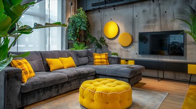 Modern living room in a condo or loft with modern trendy furniture a grey couch and yellow pillows,