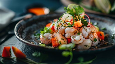 A vibrant dish of shrimp with fresh herbs and colorful vegetables served on a dark plate, AI