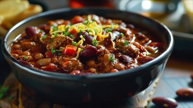 Warm and comforting traditional chili stew with kidney beans and cheese topping, AI generated