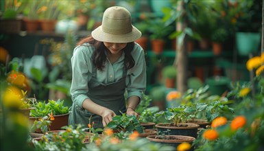 Woman in a hat tending to plants in a lush green garden, immersed in her gardening activity, AI