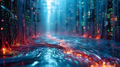 Illustration of abstract data stream cascades over a circuit board transforming into swirling