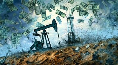 Oil rig pumping money from the earth. Concept of earth resource exploitation and corporate greed,