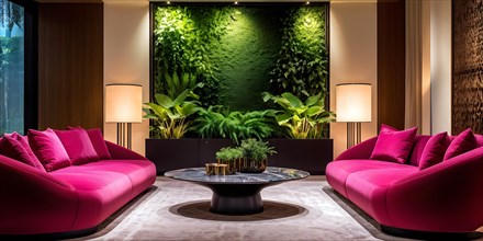 Luxury living room in a modern biophilic concept design with magenta sofas, AI generated
