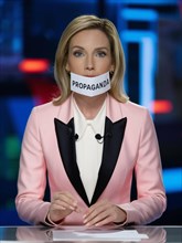 A news anchor in a pink suit with a paper labelled 'Propaganda' over her mouth, ai generated, AI