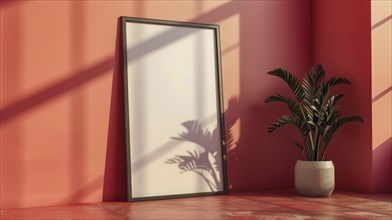 Empty frame leaning against a red wall next to a green plant with shadows cast in sunlight, AI