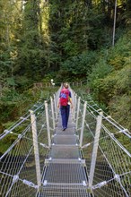 Hikers at the suspension bridge over the Danube, Inzigkofen Princely Park near Sigmaringen, Upper