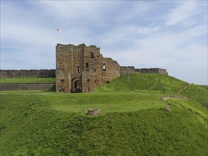 A medieval castle ruins building surrounded by green grass under a cloudy sky with a flag, ruins