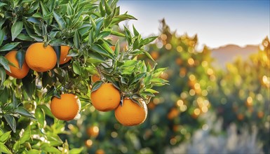 Sunlit orange trees in a plantation, ripe fruit visible, AI generated, AI generated