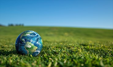 An Earth globe resting on a grassy hill with a clear blue sky in the background AI generated