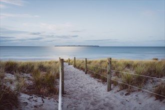 Path through the dunes to the sea at sunset. Calm sea, moonlight, island. Blue hour and footprints