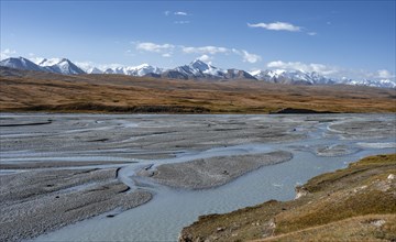 Mountain valley with meandering Sary Jaz river, high glaciated mountain peaks of the Tien Shan in
