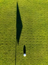 Golf Ball on Putting Green with Shadow and Shadow of a Golf Flag in a Sunny Day in Switzerland