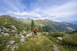 Mountaineer at Niedergailer Joch, mountain landscape with green mountain meadows and mountain