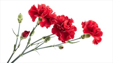 Red carnations with buds and stems on an isolated white background exuding elegance, AI generated