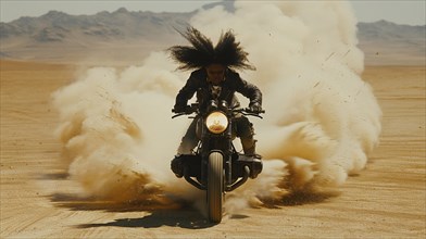 Rider on motorcycle spedding, creating dust cloud in barren desert landscape, AI generated