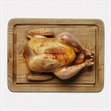 Seasoned whole roasted chicken on wooden tray, AI generated