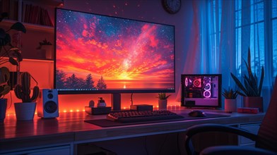 Cozy gaming setup with RGB lighting, plants, and an ultrawide monitor, AI Generated, AI generated