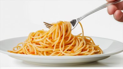 A forklifting some twirled spaghetti from a white plate on a plain white background, AI generated