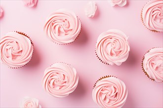 Pink cupcakes with rose flower shaped frosting, AI generated