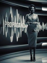 A monochrome image of a professional woman with a sound wave and the text 'Propaganda' behind her,