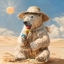 A polar bear in the desert with a straw hat eats ice cream and sits, the sun shines brightly and