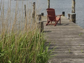 A quiet wooden jetty on the lakeshore with a single red seat and green reeds in the foreground,