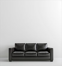 Black leather sofa in a white room. Black and white photography. AI generated