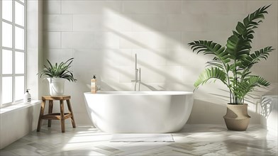 Modern bathroom interior design often includes elements such as interior plants, bathroom