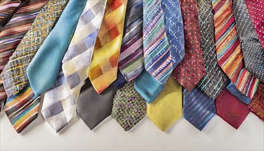 Several colourful ties arranged next to each other with different patterns and textures, AI