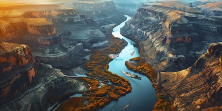A winding river cutting through a rugged canyon illuminated by a dramatic sunrise, AI generated