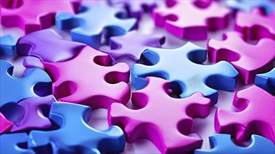 Illustration of scattered magenta and blue puzzle pieces sprawled across as a wallpaper background,