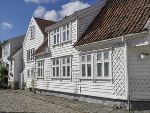 White historic wooden houses along a cobbled street on a sunny day, white wooden houses with green