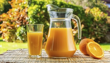 A glass of orange juice and a carafe on an outdoor mat with a green background, AI generated, AI