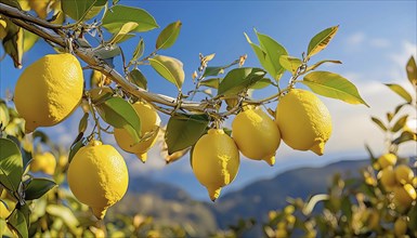 Several ripe lemons in a tree, illuminated by sunlight with a clear sky and mountains in the