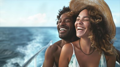 Happy african american couple laughing while boating on the ocean. generative AI, AI generated