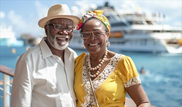 Happy african american senior couple portrait in front of their luxury cruise ship. generative AI,