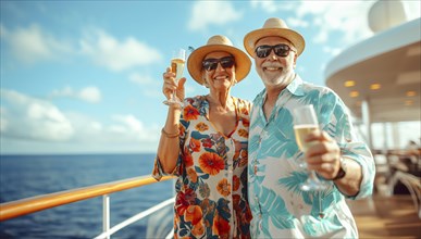 Happy senior couple toasting champagne on the deck of their luxury cruise ship. generative AI, AI