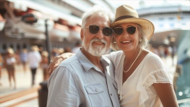 Happy senior couple portrait in front of their luxury cruise ship. generative AI, AI generated