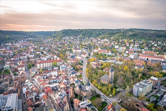 View over the western quarter of Jena with the Friedenskirche church, the Johannisfriedhof cemetery