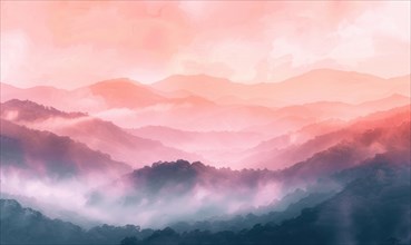 Soft pink hues of sunrise in mountains AI generated
