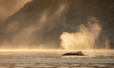 A serene scene of a gray whale spouting mist into the air as it surfaces AI generated