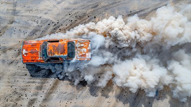Aerial view of an orange rusty old vehicle leaving a sweeping dust trail, AI generated