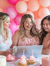 Three joyful women celebrating with cupcakes around a laptop, AI generated