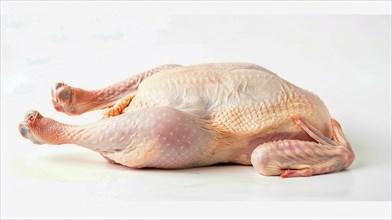 A raw, plucked whole chicken lying on a white background, AI generated