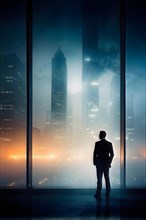 Silhouette of a businessman against a backdrop double exposure that reveals a destroyed cityscape,