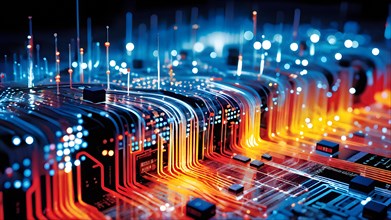 Illustration of abstract data stream cascades over a circuit board transforming into swirling