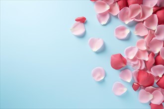 Pink rose flower petals on blue background with copy space. AI generated